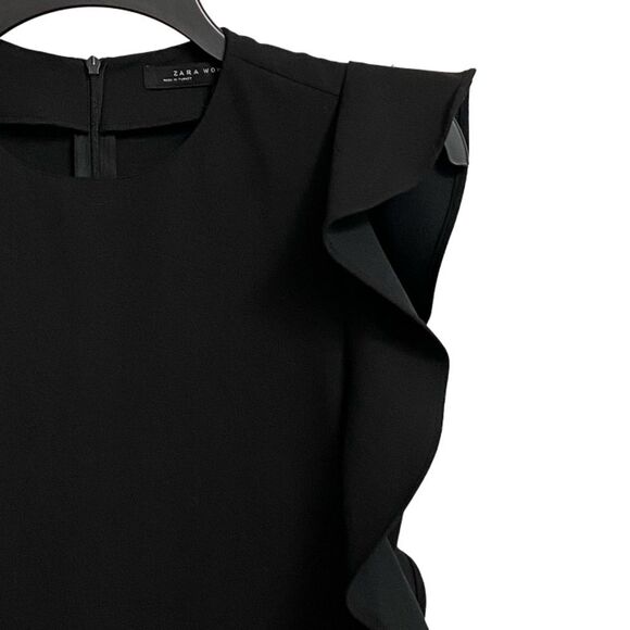 ZARA Women's Shift Midi Dress Size XS Black Ruffled Flutter Sleeves Fairy - Picture 5 of 13